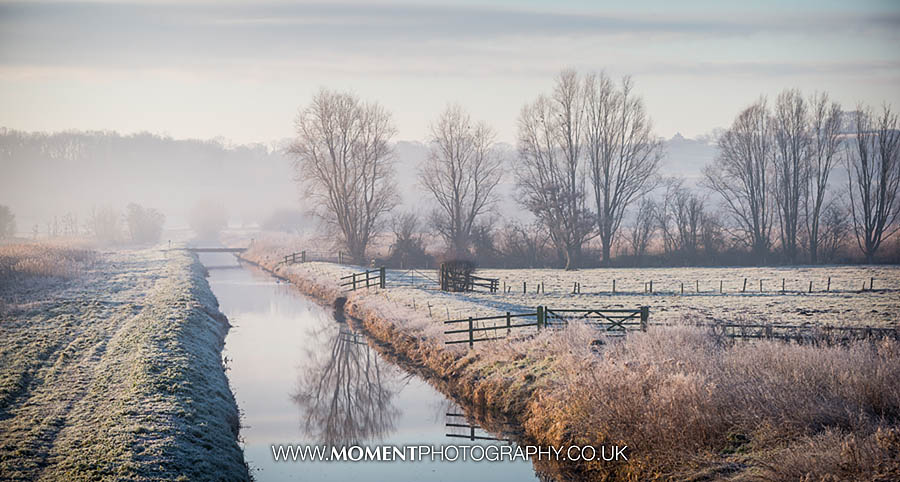 Frosty landscape at sunrise at Ham Wall RSPB nature reserve